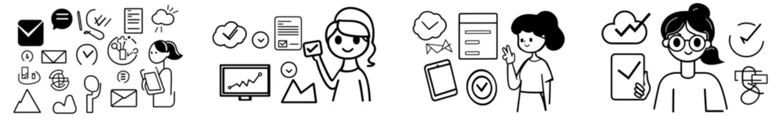 Obraz premium There are icons as Chemical formula, Woman read, Mail newsletter signs, Messenger, Startup, Victory symbols, Phone survey, Work from home, Document, Upper arrows, Message. Vectorized.