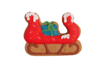 Homemade gingerbread cookie „Rocking horse“ on white, isolated Christmas handmade gingerbread cookie „Sleigh with gift bag“on white background, Christmas dessert, top view, flat lay, PNG transparent