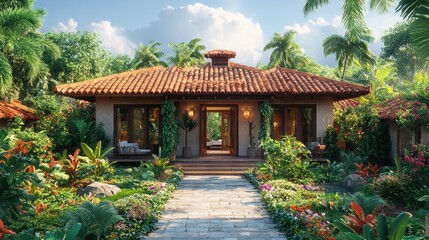 Obraz premium Tropical villa surrounded by lush greenery and vibrant flowers.