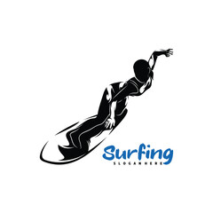Silhouette surfing logo vector illustration design. suitable for water sports themes, beach activity, or surf logo