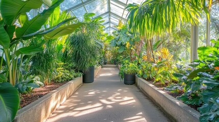 Lush Greenery Pathway in a Beautiful Conservatory with Sunlight Streaming Through Glass Roof Enhancing the Vibrant Atmosphere of Tropical Foliage