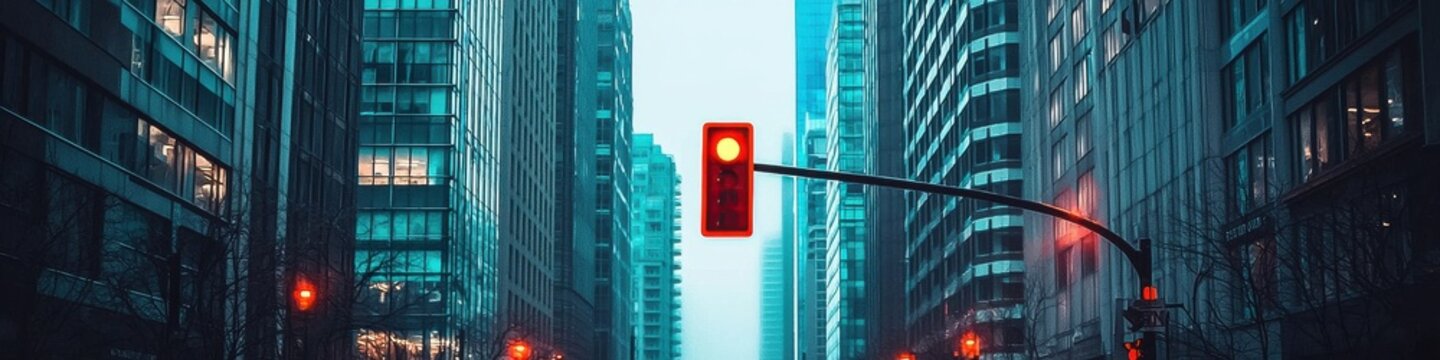 Fototapeta Foggy urban intersection city streets traffic signal modern environment wide angle mood