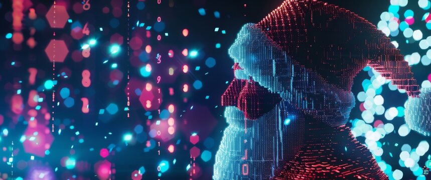 A futuristic representation of Santa Claus created with digital particles and glowing lights in red and blue. Surrounded by flowing data streams and binary code on a dark background