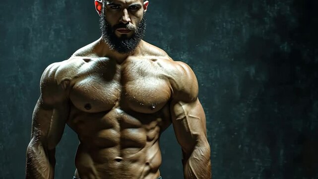 A powerfully built man with a beard stands confidently