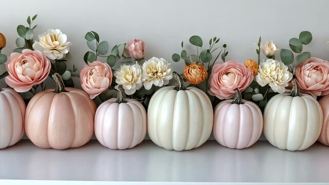 A row of pastel-colored pumpkins sits on a white surface