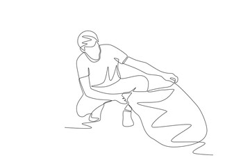 Man collects plastic waste. Plastic pollution concept one-line drawing