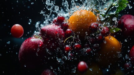 A variety of fresh fruits including apples, cherries, and oranges are splashing in clear water, creating an energetic scene filled with droplets and colors, perfect for a summer day