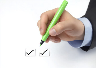 hand holding green marker checks off items in boxes, symbolizing completion and organization
