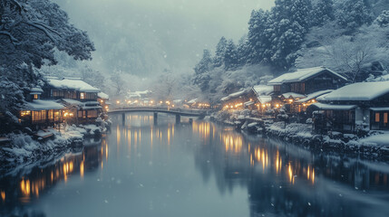 幻想的な雪降る夜の古都・雪化粧した伝統的な町並みと温かな灯りの風景｜歴史ある町家と石畳の路地が織りなす日本の美｜冬の観光スポット・旅行写真におすすめの絶景スポット【絶景夜景・雪景色】