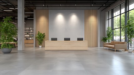 Modern office reception area urban setting interior design minimalist style open view professional atmosphere