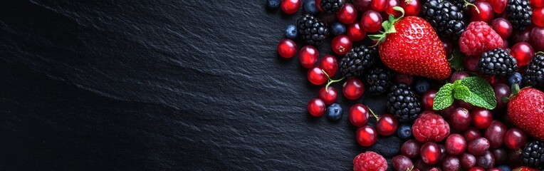 A variety of fresh berries including strawberries, blackberries, blueberries, and cranberries are arranged on a dark slate background. The colorful fruits create an appealing composition