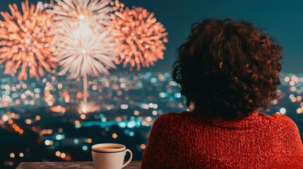 A cozy scene of a person enjoying a cup of coffee while watching a vibrant fireworks display over a city skyline at night.