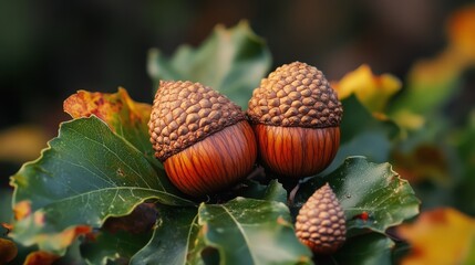 Close-up of acorns resting on vibrant green leaves, showcasing the beauty of nature in autumn.