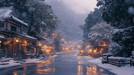 幻想的な雪降る夜の古都・雪化粧した伝統的な町並みと温かな灯りの風景｜歴史ある町家と石畳の路地が織りなす日本の美｜冬の観光スポット・旅行写真におすすめの絶景スポット【絶景夜景・雪景色】