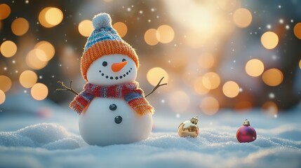 Obraz premium A cheerful snowman in a knitted hat smiles in the snowy landscape, surrounded by holiday ornaments.