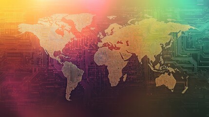 Digital World Map with Circuit Board Design, showcasing global connectivity through vibrant glowing effects, detailed continents, and a high-tech background for business themes