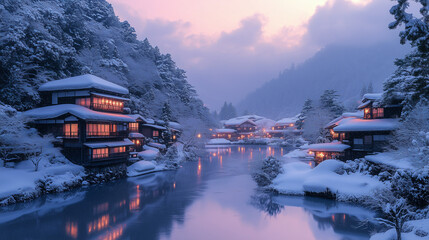 幻想的な雪降る夜の古都・雪化粧した伝統的な町並みと温かな灯りの風景｜歴史ある町家と石畳の路地が織りなす日本の美｜冬の観光スポット・旅行写真におすすめの絶景スポット【絶景夜景・雪景色】