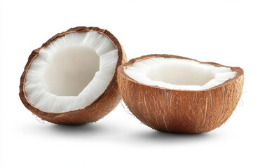 Fresh coconut halves with white flesh and brown shell, ideal for tropical recipes and healthy snacks