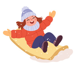 A cheerful girl in winter clothes rides on a sled.Colored flat vector illustration of outdoor activity in wintertime