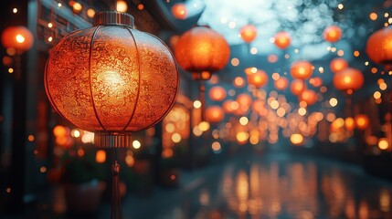 Vibrant lanterns illuminating a festive street at dusk