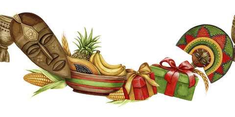 Kwanzaa curved seamless border of African mask, fan and fruit plate. Hand drawn watercolor holiday illustration of traditional symbol. Isolated drawing for African-American festive designs.
