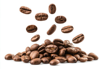 Freshly roasted coffee beans falling above pile, showcasing their rich brown color and texture. Perfect for coffee lovers and culinary enthusiasts