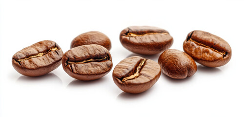 Freshly roasted coffee beans arranged on white background, showcasing their rich brown color and unique textures. Perfect for coffee lovers and culinary enthusiasts