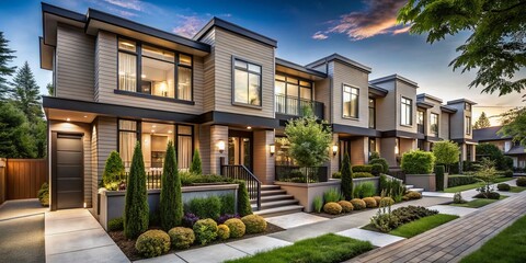 Fototapeta premium Stylish Townhouse Project Showcasing Sleek Architecture, Neutral Color Palette, and Impeccable Exterior Finishes with Lush Landscaping in a Modern Urban Setting