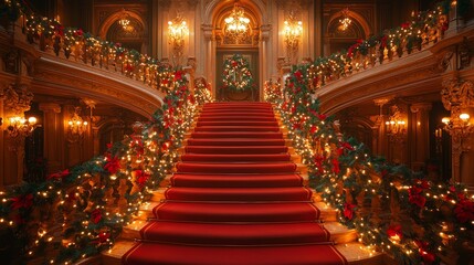 Obraz premium Festive staircase decorated with lights and garlands in an elegant interior