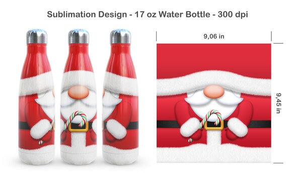 Funny Christmas Santa Claus. Seamless sublimation template for 17 oz water bottle. Sublimation illustration. Seamless from edge to edge. Full bottle wrap.