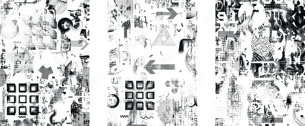 Aufkleber set of glitch distorted grunge overlay textures. collection of overlaying textures with halftone dot
