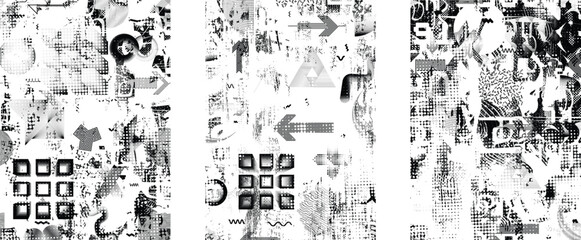Set of glitch distorted grunge overlay textures. Collection of overlaying textures with halftone dots, scratches and lines .Screen print vector layers pack. Overlays with grunge textured surface