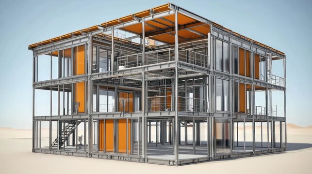 Modern steel-framed building with glass and orange accents.