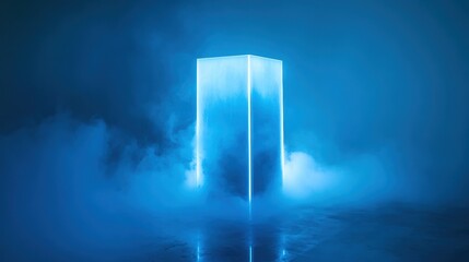 Mysterious Glowing Blue Rectangle in Foggy Atmosphere, Capturing an Ethereal Effect with Neon Lights and a Hazy Environment for Futuristic Concepts and Designs