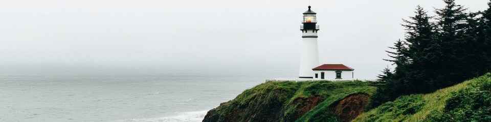 Fototapeta premium Foggy lighthouse adventure coastal cliffs photography mysterious atmosphere scenic view