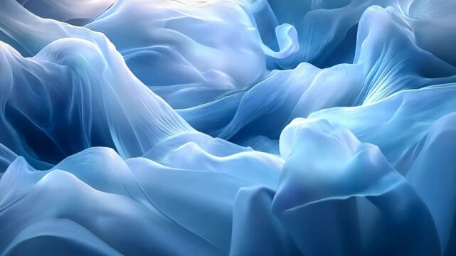Soft, sheer light blue fabric is artfully arranged, highlighting its delicate texture and the way light interacts with its folds and creases