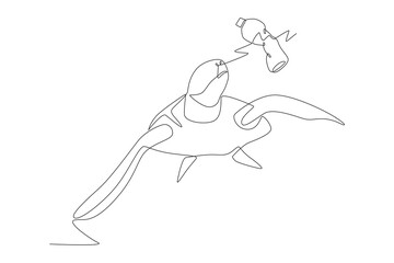 Turtle swimming with plastic waste. Plastic pollution concept one-line drawing