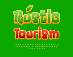 Vector eco concept Rustic Tourism. Green and Yellow Handwritten Font. Funny Alphabet Letters and Numbers set.
