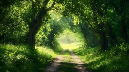 Obraz premium Sunlit Path Through Lush Green Forest