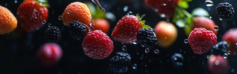 A variety of ripe berries including strawberries, raspberries, and blackberries are splashing in water, creating a lively atmosphere perfect for summer gatherings and celebrations