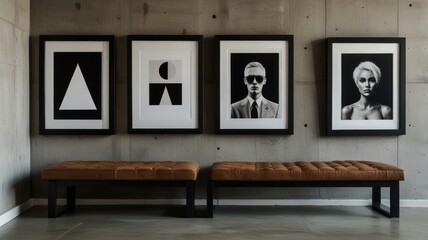  proprietary to the stock photo site.  I've prioritized keywords likely to be highly searched.... Modern monochrome art prints displayed above two leather benches in a contemporary interior.