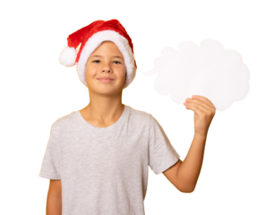 portrait of a happy child boy showing paper cloud isolated over transparent background. PNG transparent.