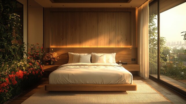 Cozy bedroom featuring natural light and indoor plants in a contemporary home setting during golden hour