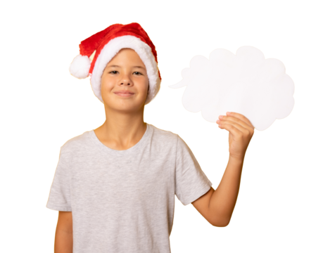 portrait of a happy child boy showing paper cloud isolated over transparent background. PNG transparent.