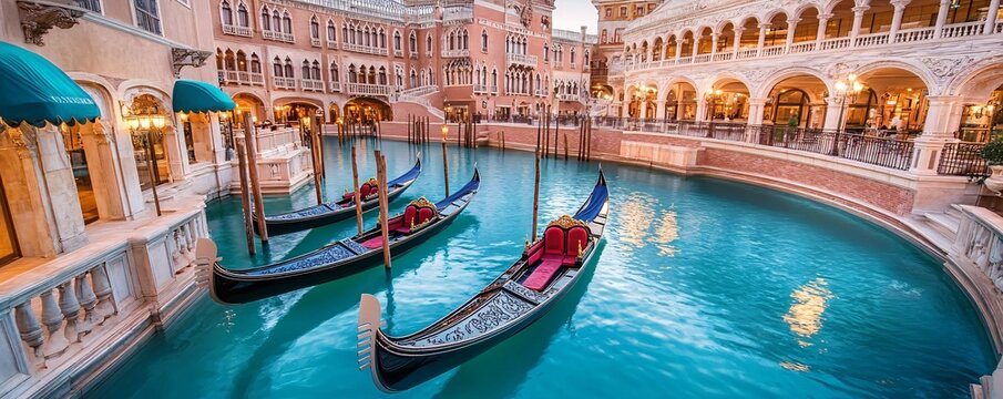 The exterior of the Venetian Resort, with its replica canals, gondolas, and Venetian-style architecture