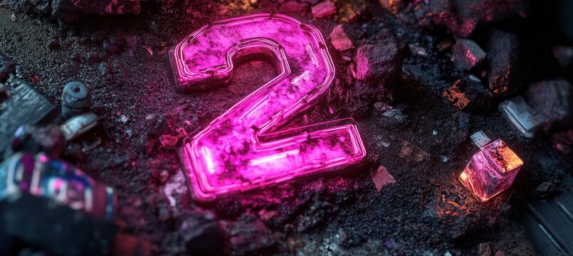 Neon Number Two, Ground, Bricks, Sparkling Dust, Shards Abstract Background, Digital Art
