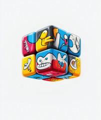 Colorful Cartoon Cube with Expressive Faces on Each Side