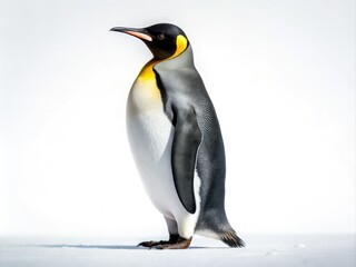 Fototapeta premium A breathtaking panoramic photograph of a solitary penguin on a white background, showcasing the majesty of this remarkable bird in stunning detail and clarity.