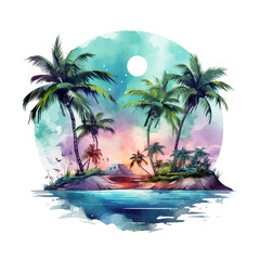 watercolor island river and palm vignette, suluboya ada nehir ve palmiye vinyet