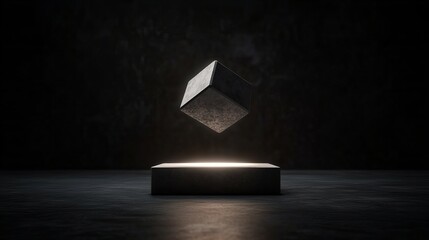 A dark, minimalist cube levitates above a glowing rectangular platform, creating a mysterious and modern visual appeal